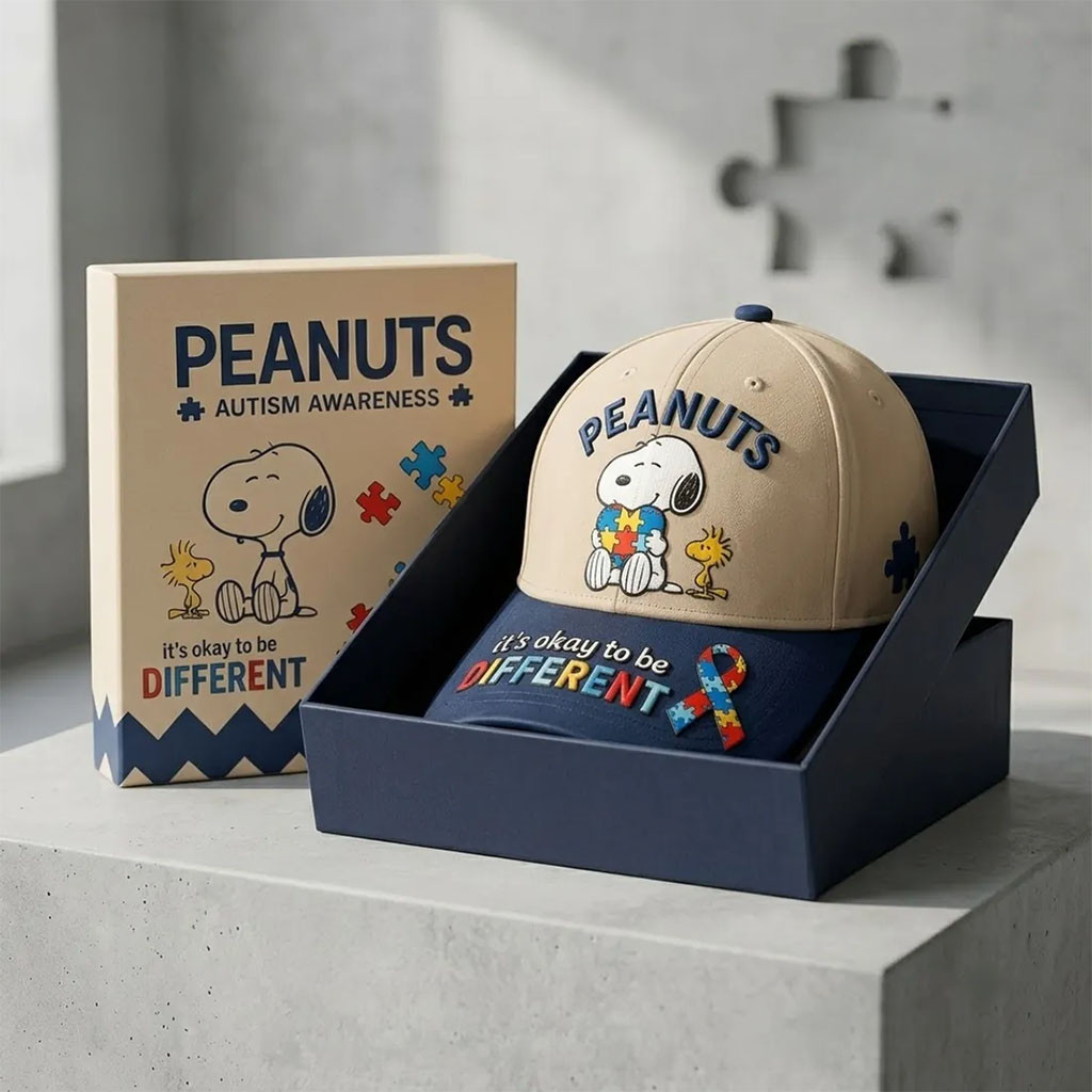 Peanuts Merch X Autism Awareness Snoopy Beige Hat Autism Awareness Puzzle Ribbon Cap - Kdjoy Peanuts Merch X Autism Awareness Snoopy Beige Hat Autism Awareness Puzzle Ribbon Cap - Kdjoy