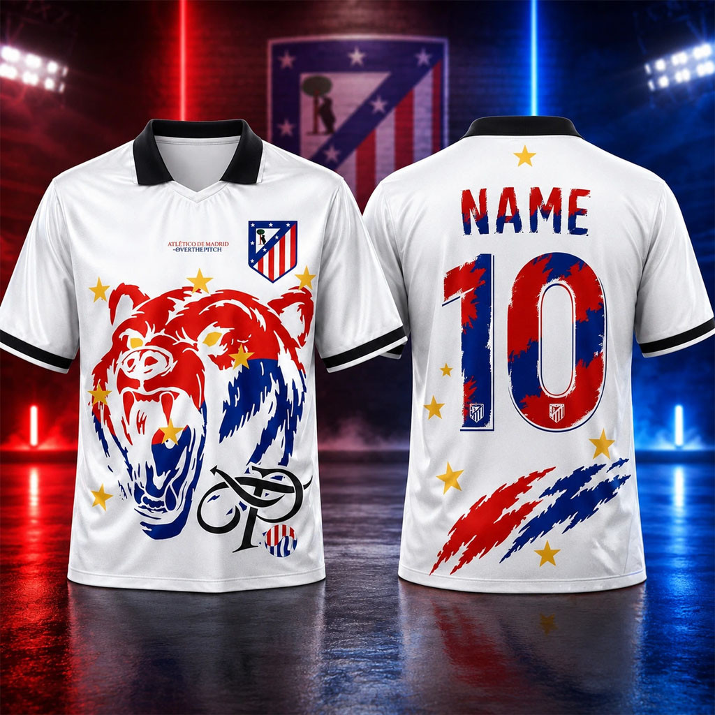 Personalized Atletico Madrid Bear Head Over The Pitch Jersey Atletico Madrid Merch Fan Gifts - Kdjoy