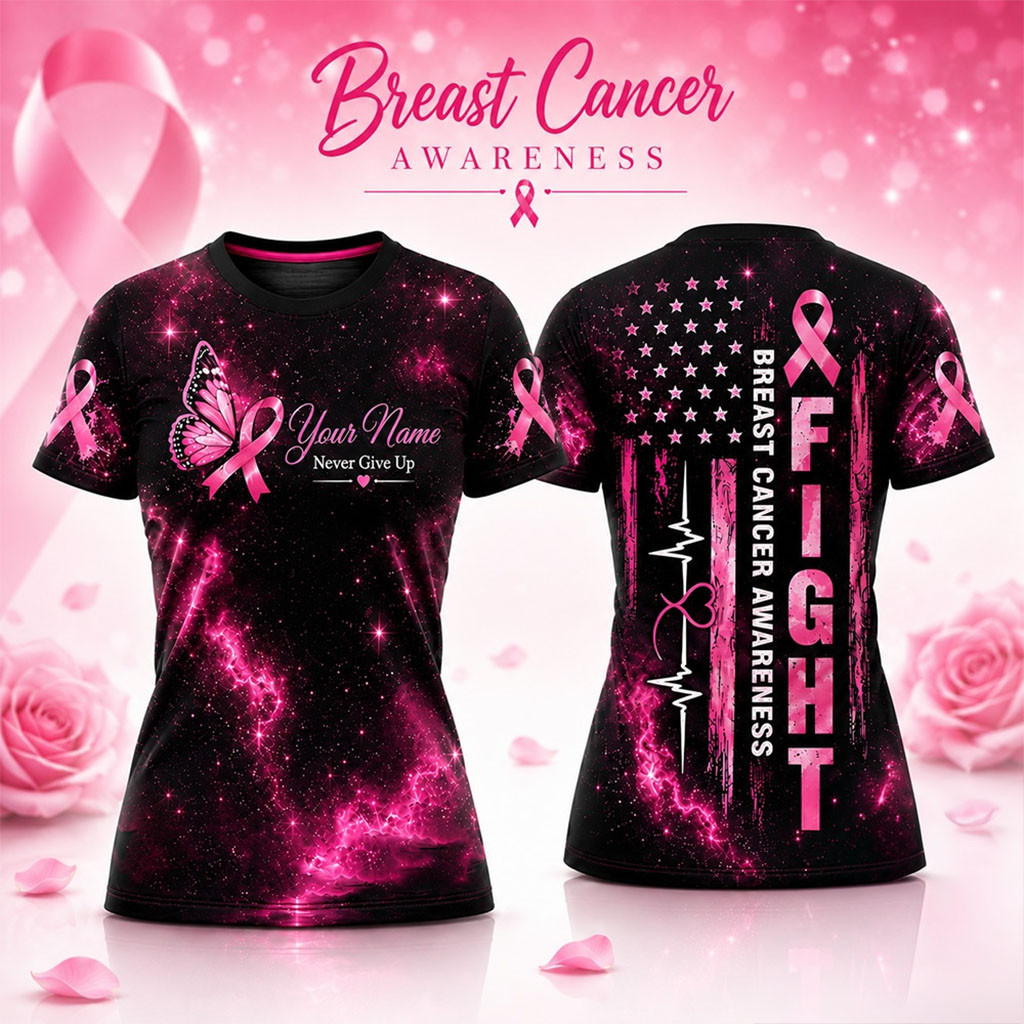 Personalized Breast Cancer Awareness Fight Pink Ribbon Butterfly Flag ECG T-Shirt Mom Gifts - Kdjoy