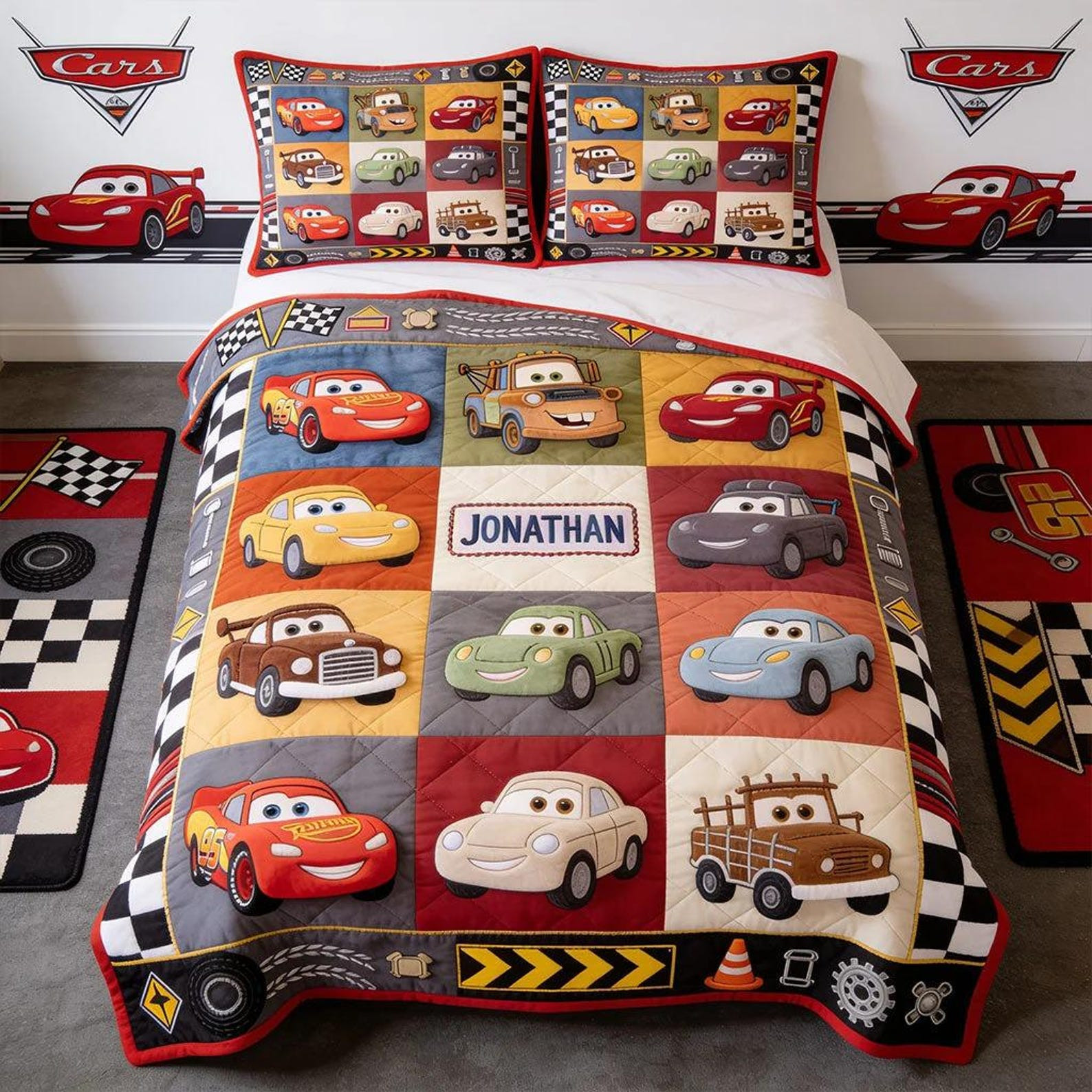Personalized Cars Quilted Bedding Set Cartoon Racing Bed Sheet Set Birthday Gift For Son - Kdjoy Personalized Cars Quilted Bedding Set Cartoon Racing Bed Sheet Set Birthday Gift For Son - Kdjoy