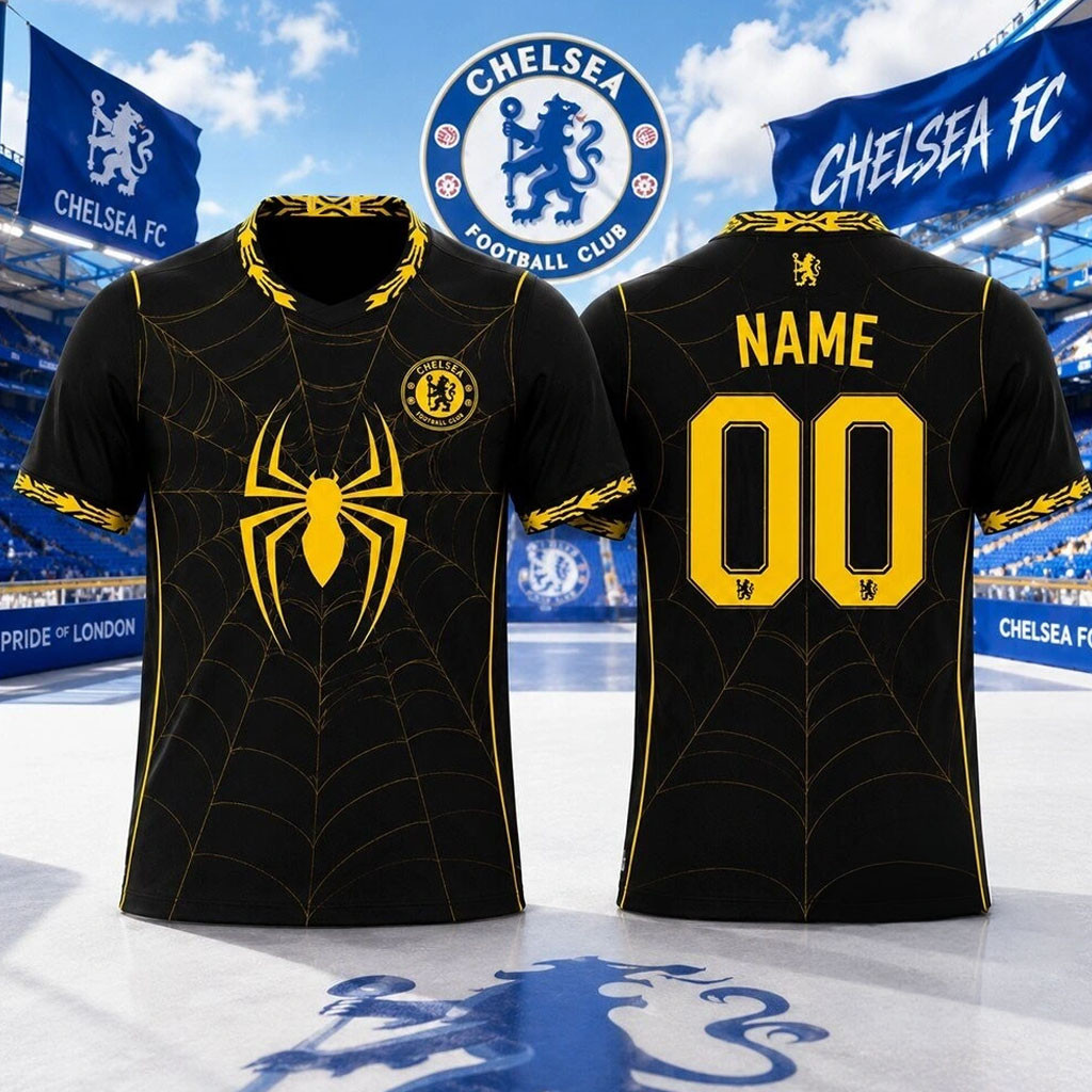 Personalized Chelsea FC X Spider-Man Brand New Day Black Spiderweb Jersey Chelsea FC Merch - Kdjoy