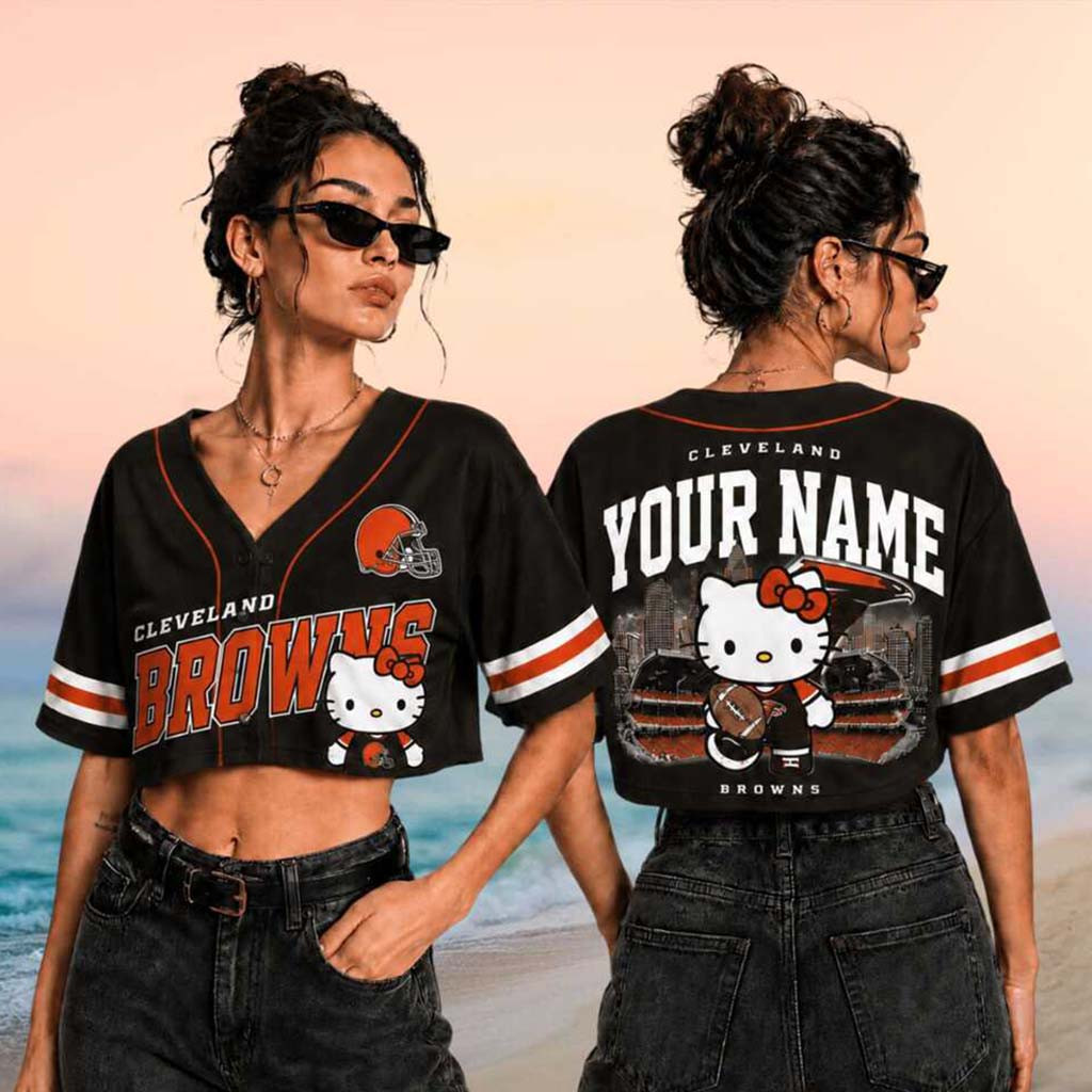 Personalized Cleveland Browns x Hello Kitty Crop Baseball Jersey Browns Merch Gifts For Women - Kdjoy Personalized Cleveland Browns x Hello Kitty Crop Baseball Jersey Browns Merch Gifts For Women - Kdjoy