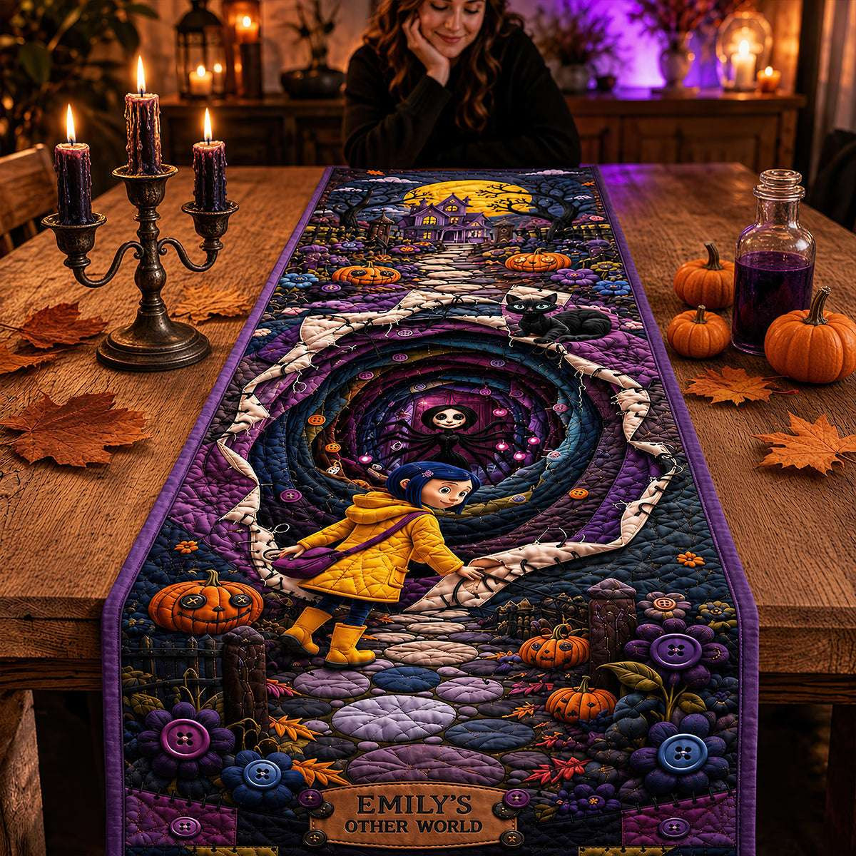 Personalized Coraline Spooky Halloween Quilted Table Runner Home Decor Gifts For Halloween - Kdjoy