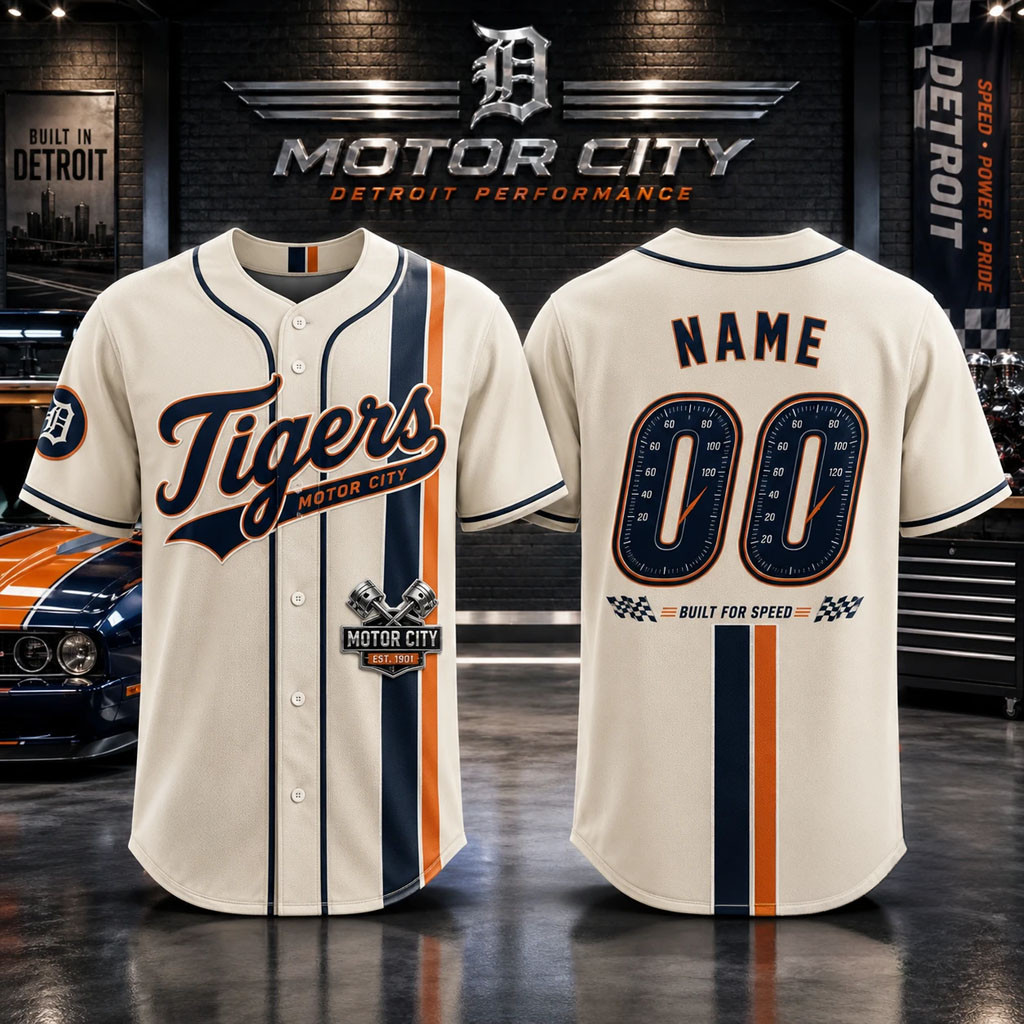 Personalized Detroit Tigers Motor City Built For Speed Automotive Baseball Jersey Fan Merch - Kdjoy Personalized Detroit Tigers Motor City Built For Speed Automotive Baseball Jersey Fan Merch - Kdjoy