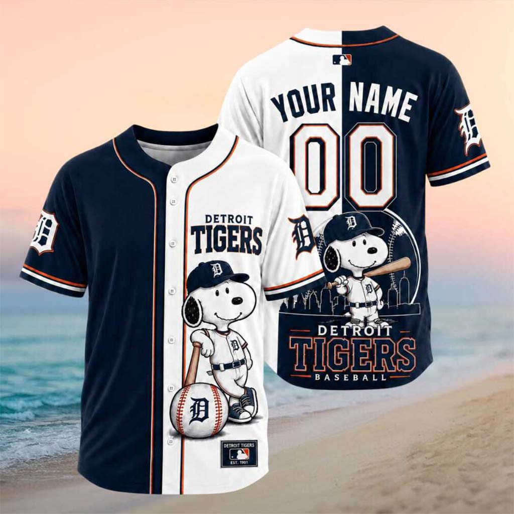 Personalized Detroit Tigers Snoopy Dog Baseball Skyline Jersey Detroit Tigers Merch Fan Gifts