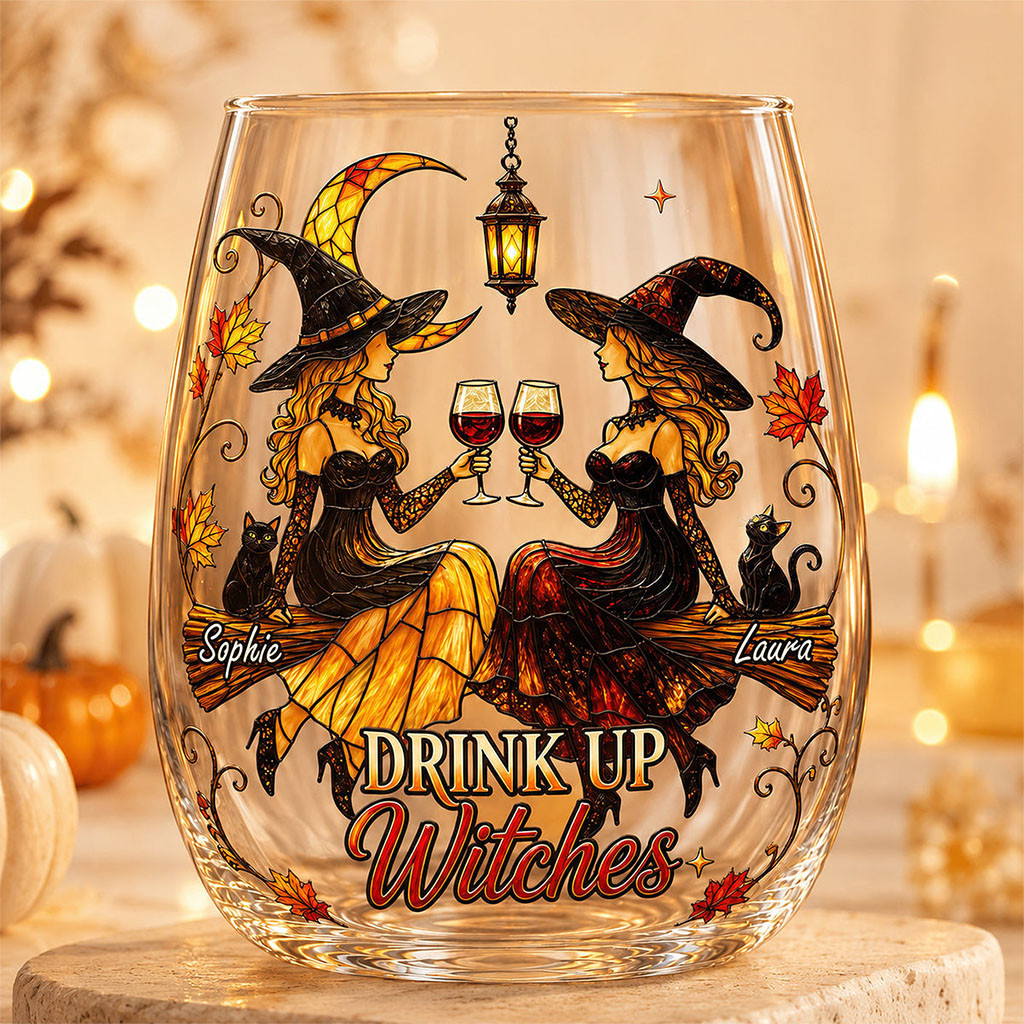 Personalized Drink Up Witches Glass Besties Witch Cape Halloween Gifts For Best Friends - Kdjoy