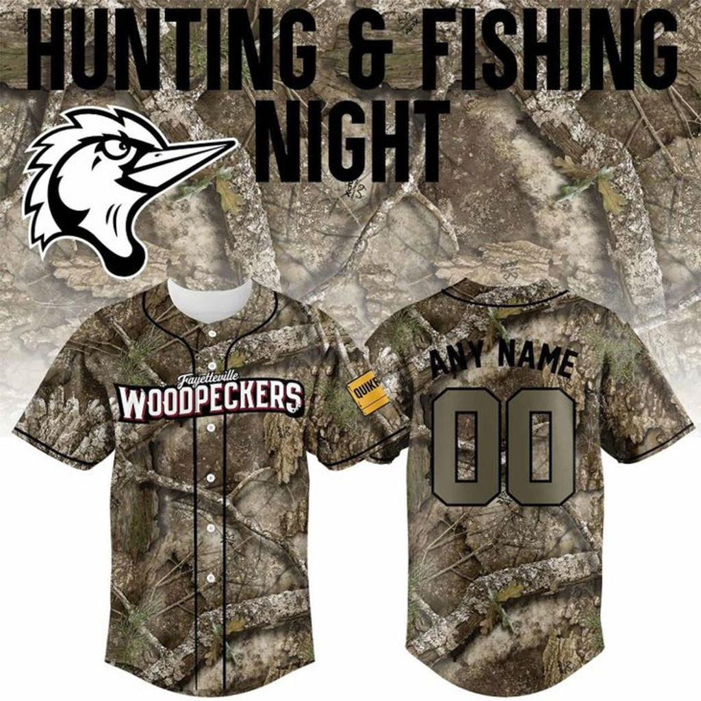 Personalized Fayetteville Woodpeckers Hunting and Fishing Night 2026 Baseball Jersey Fan Merch - Kdjoy