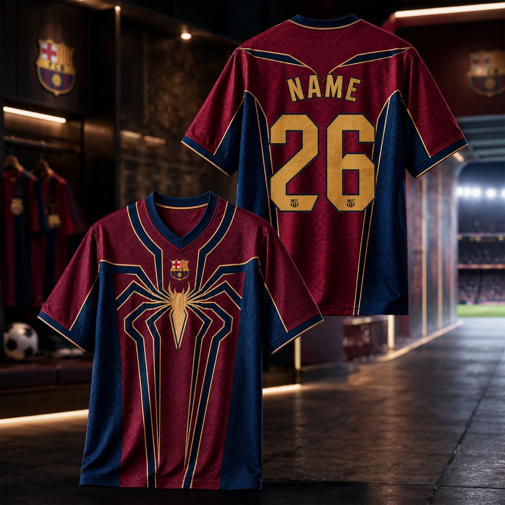 Personalized FC Barcelona X Spider-Man Brand New Day 2026 Jersey Fan Merch Gift For Him - Kdjoy Personalized FC Barcelona X Spider-Man Brand New Day 2026 Jersey Fan Merch Gift For Him - Kdjoy