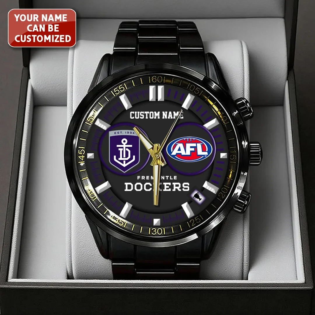 Personalized Fremantle Dockers Black Stainless Steel Watch AFL Merch Gift Ideas For Brothers - Kdjoy