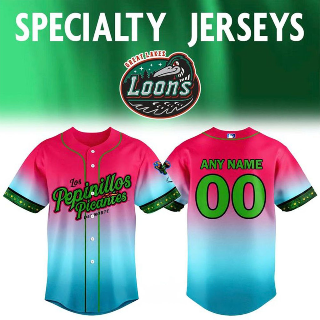 Personalized Great Lakes Loons Los Pepinillos Picantes 2026 Baseball Jersey Lakes Loons Merch - Kdjoy Personalized Great Lakes Loons Los Pepinillos Picantes 2026 Baseball Jersey Lakes Loons Merch - Kdjoy