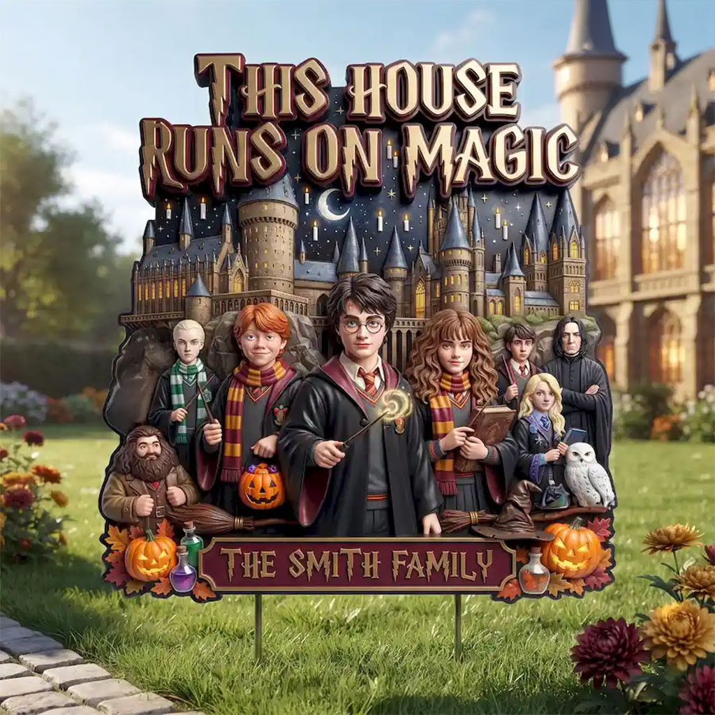 Personalized Harry Potter This House Runs On Magic Yard Sign Harry Potter Merch Halloween Decor - Kdjoy