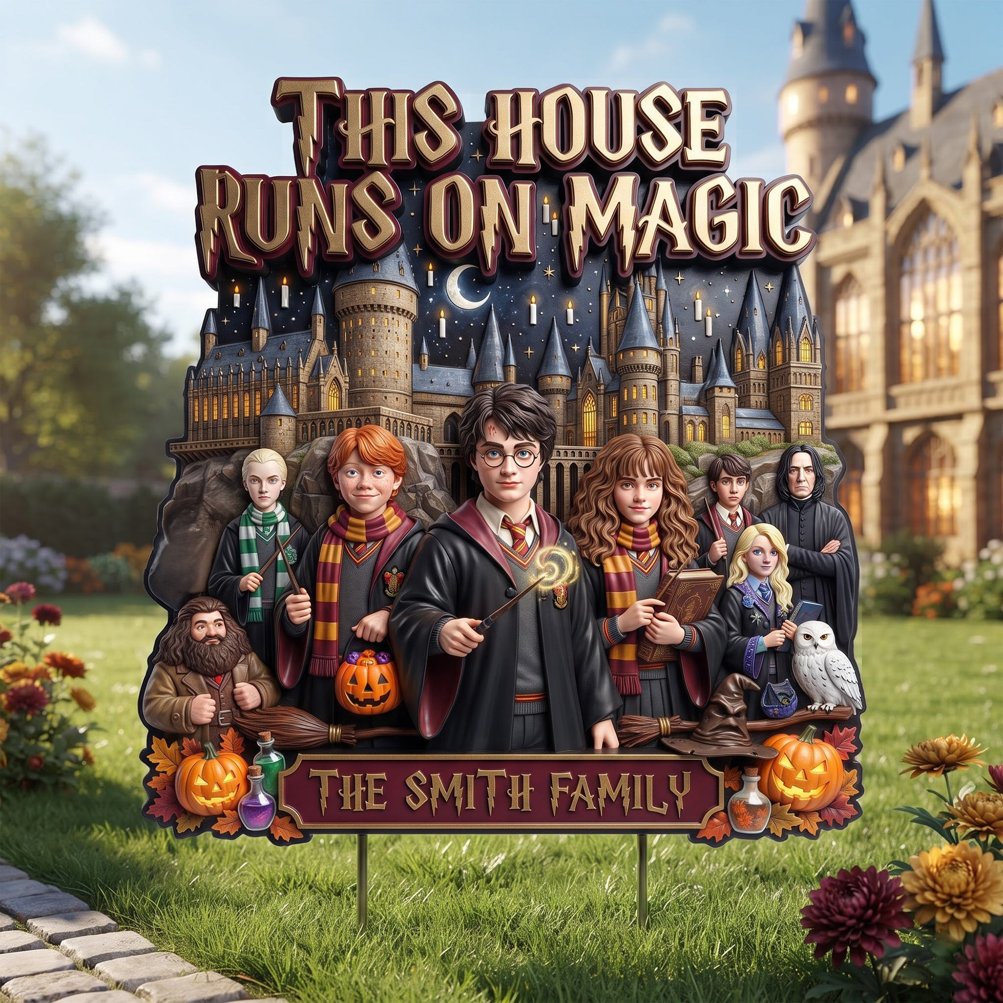 Personalized Harry Potter This House Runs On Magic Yard Sign Movie Lover Halloween Lawn Decor
