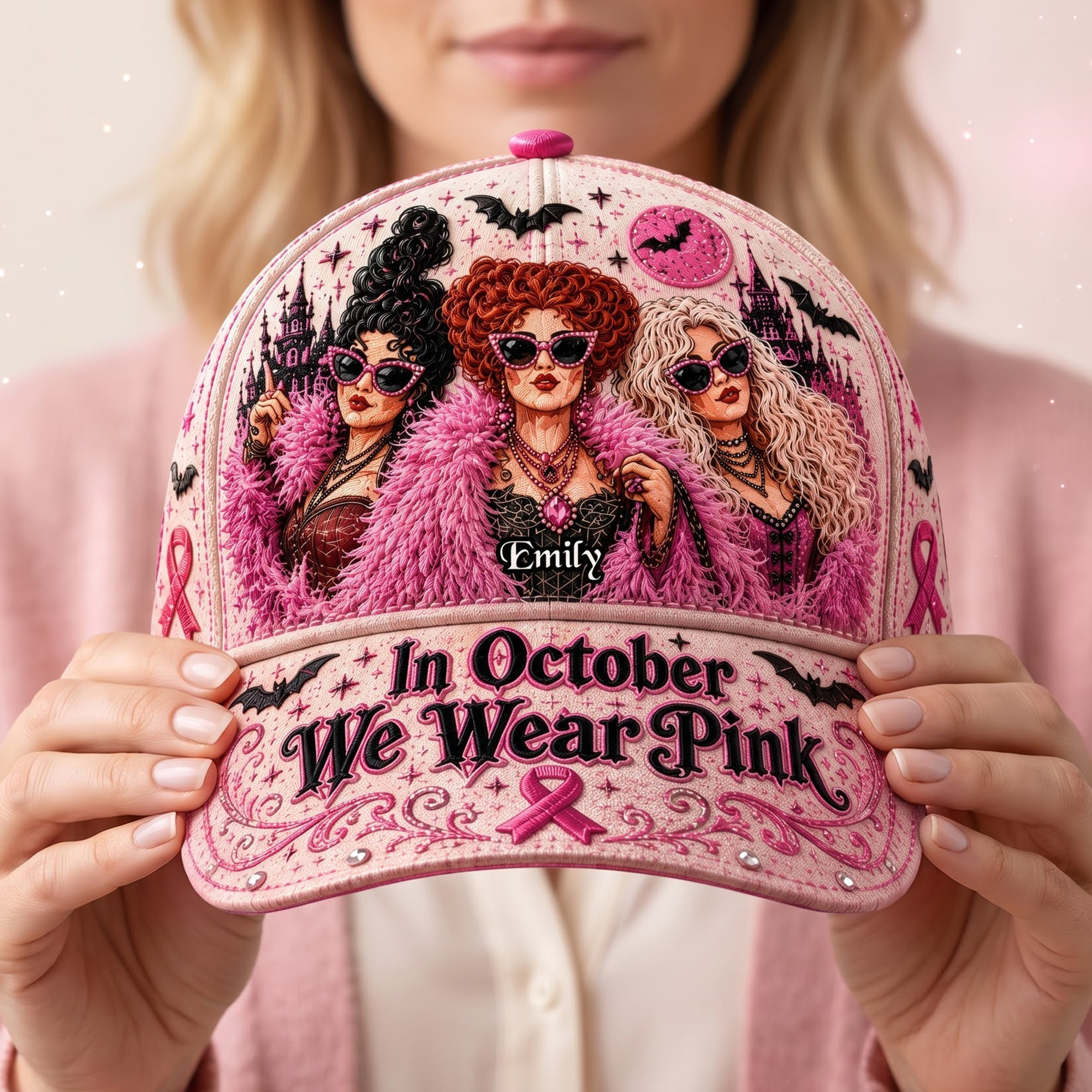 Personalized Hocus Pocus In October We Wear Pink Hat Breast Cancer Awareness Cap Mom Gifts - Kdjoy