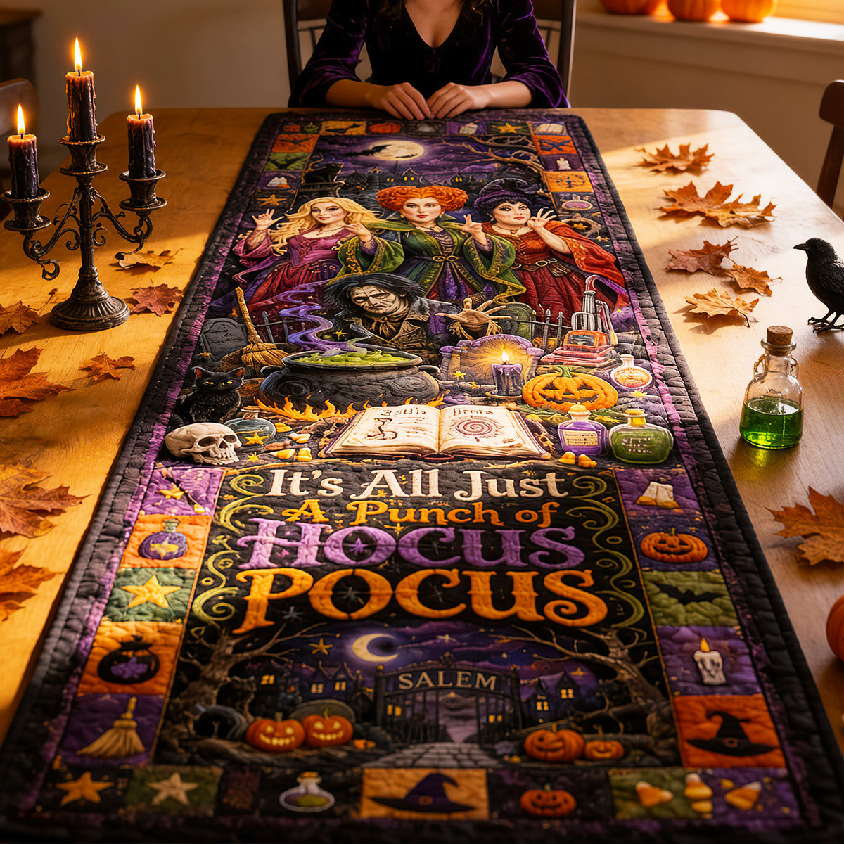 Personalized Hocus Pocus Midnight Spell Table Runner Holiday Home Decor Halloween Gifts - Kdjoy