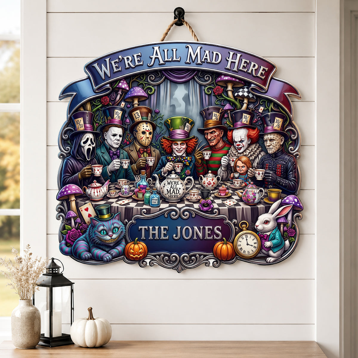 Personalized Horror Character Mad Tea Party Acrylic Sign Halloween Decor Gift For Horror Fans - Kdjoy Personalized Horror Character Mad Tea Party Acrylic Sign Halloween Decor Gift For Horror Fans - Kdjoy