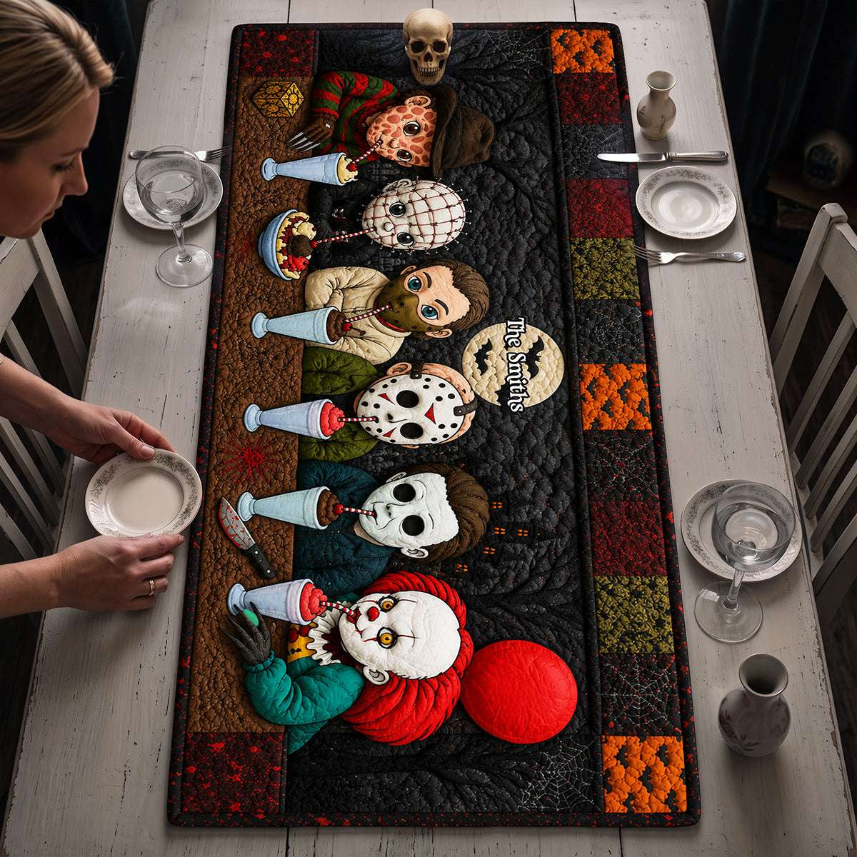Personalized Horror Characters Halloween Quilted Table Runner Creepy Dining Decor Halloween Gift - Kdjoy