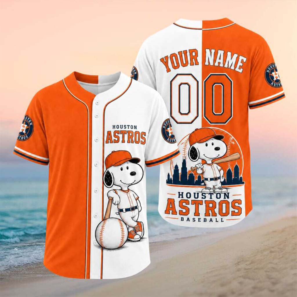 Personalized Houston Astros Snoopy Dog Baseball Skyline Jersey Astros Merch Gift For Game Day