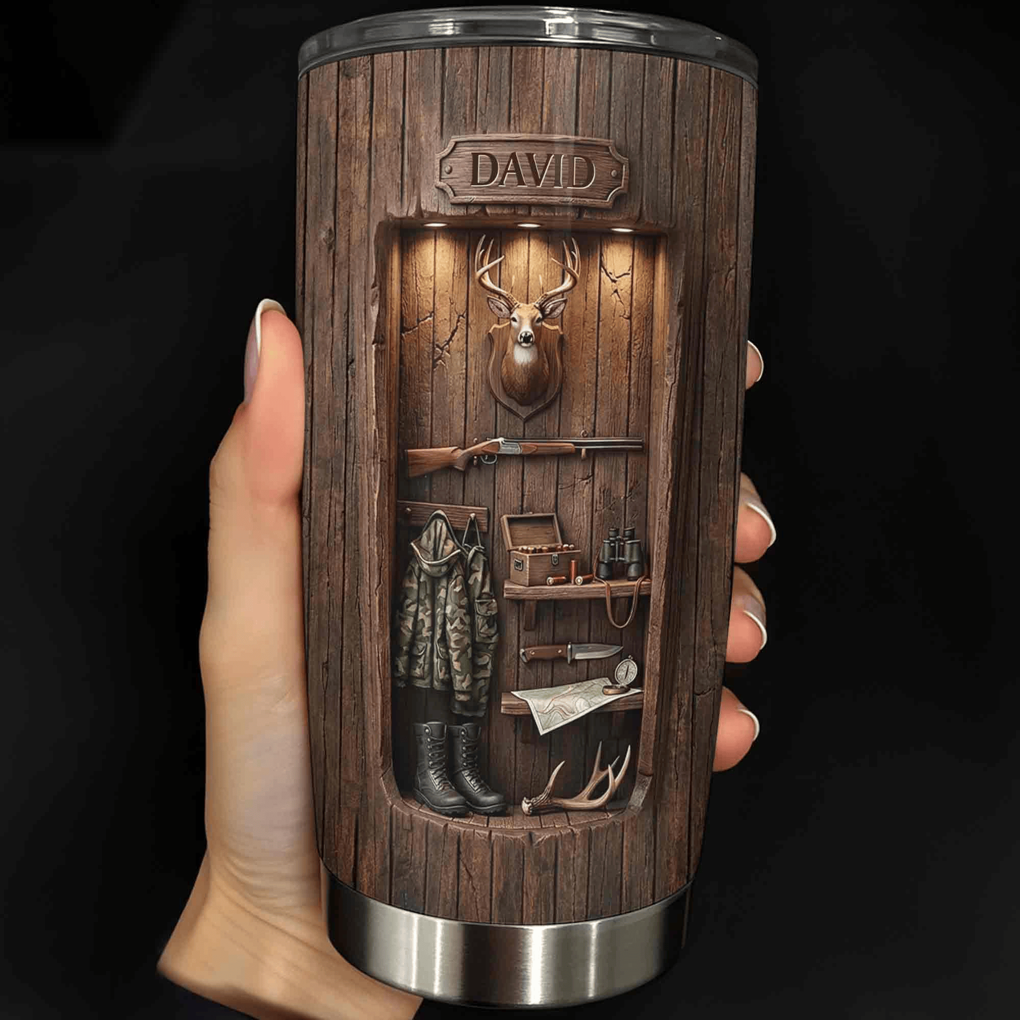 Personalized Hunting Tumbler Deer Wood Cabin Travel Cup Best Gift For Hunter Dad - Kdjoy