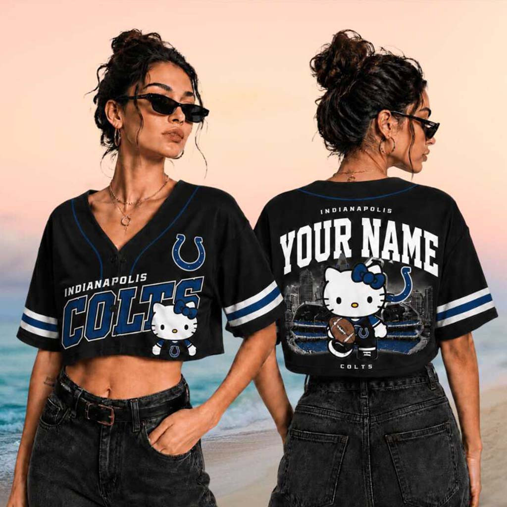 Personalized Indianapolis Colts Hello Kitty Football Crop Baseball Jersey Colts Merch Fan Gifts - Kdjoy Personalized Indianapolis Colts Hello Kitty Football Crop Baseball Jersey Colts Merch Fan Gifts - Kdjoy