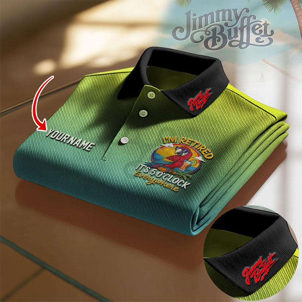 Personalized Jimmy Buffett Parrot Polo Shirt I'm Retired It's 5 O'Clock Everywhere Fan Merch - Kdjoy