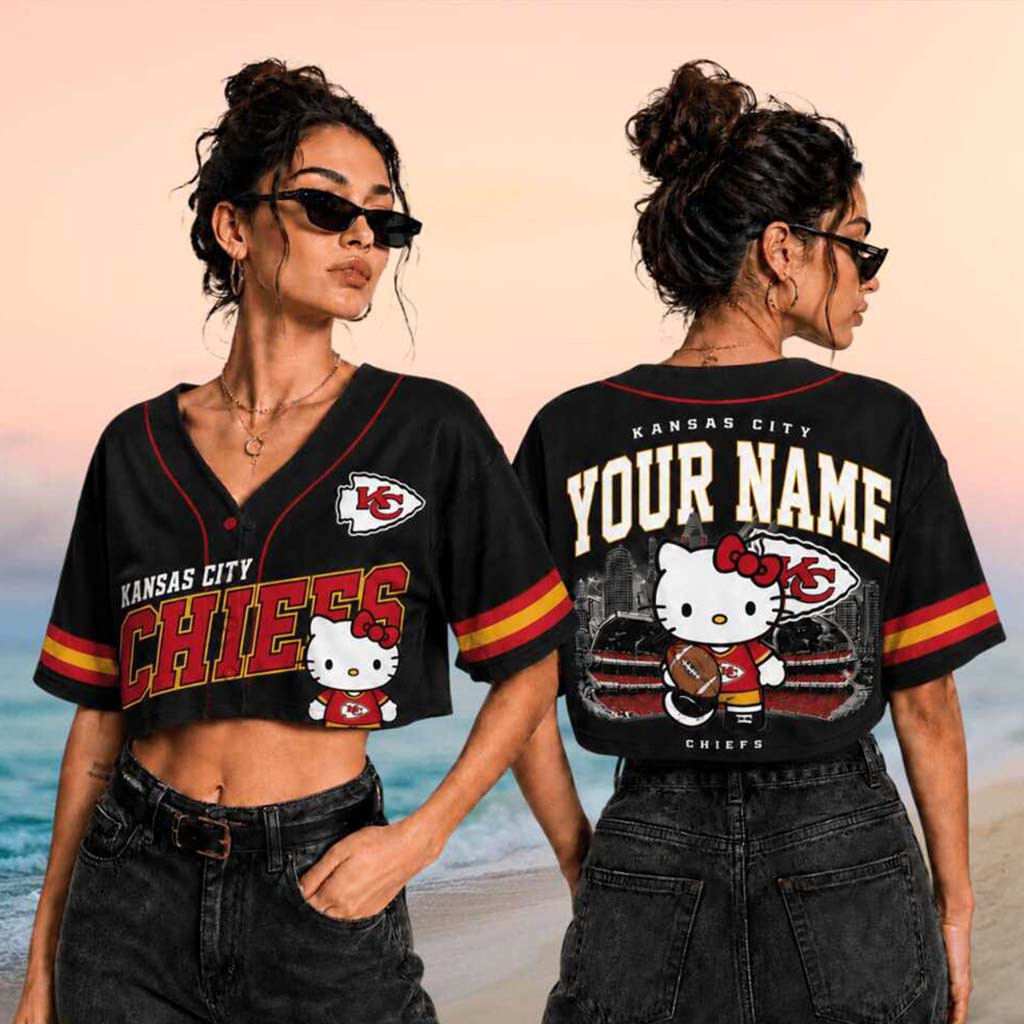 Personalized Kansas City Chiefs x Hello Kitty Football Crop Baseball Jersey Chiefs Merch Fan Gifts - Kdjoy