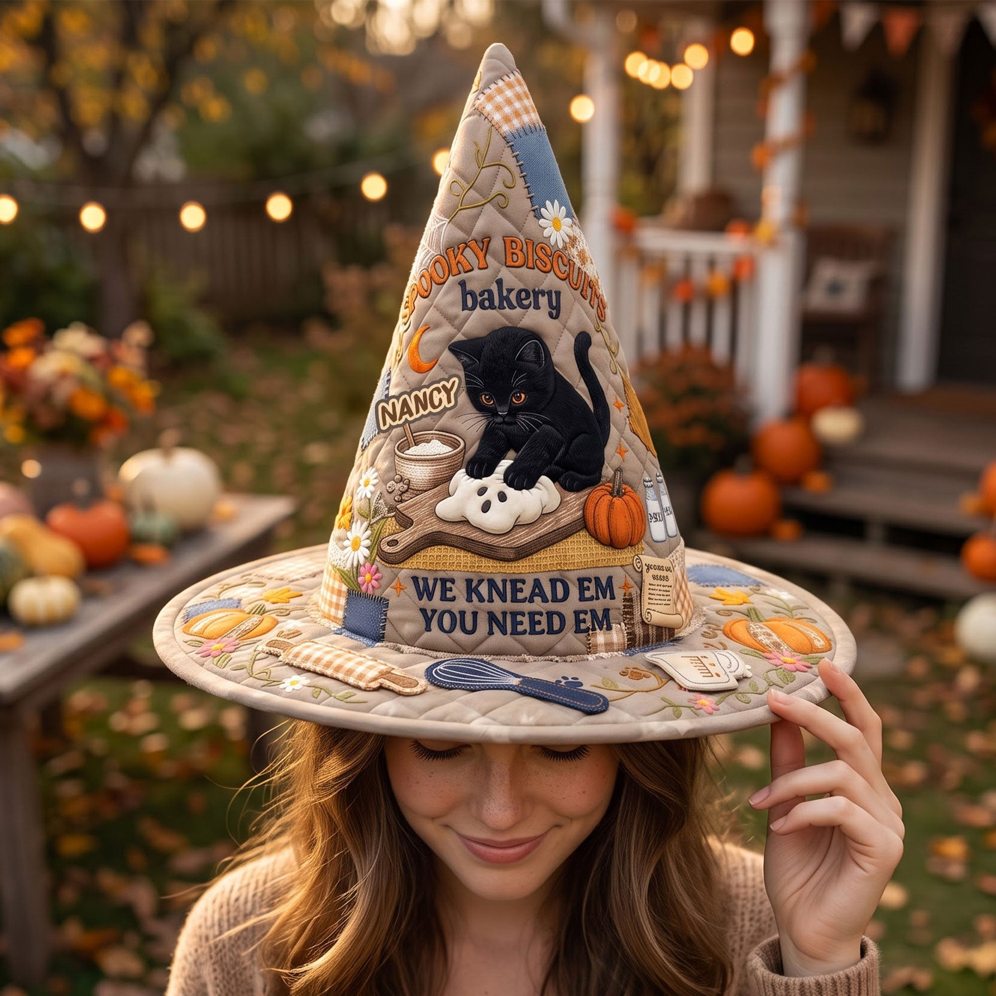 Personalized Kneading Cat Baker Quilted Witch Hat Halloween Gifts For Cat Lovers - Kdjoy Personalized Kneading Cat Baker Quilted Witch Hat Halloween Gifts For Cat Lovers - Kdjoy