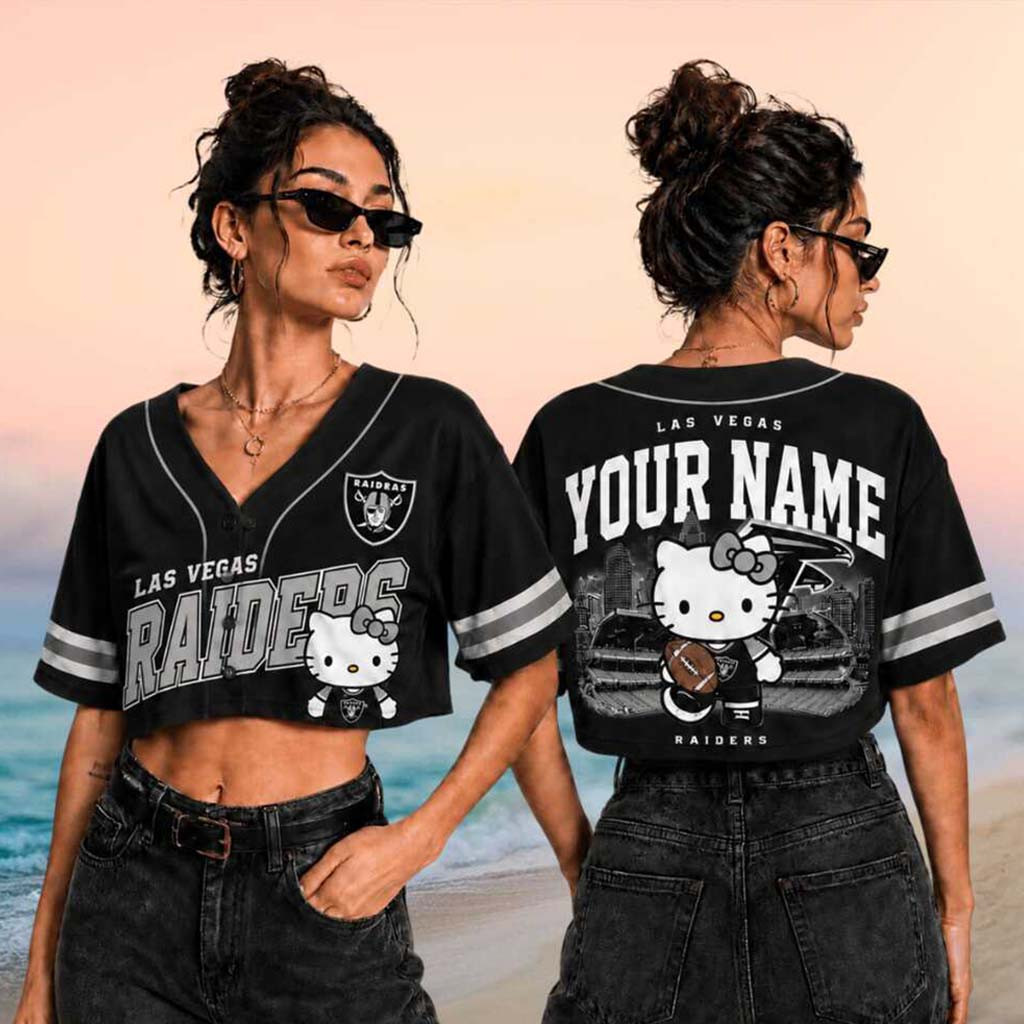 Personalized Las Vegas Raiders x Hello Kitty Football Crop Baseball Jersey Raiders Merch Gifts - Kdjoy
