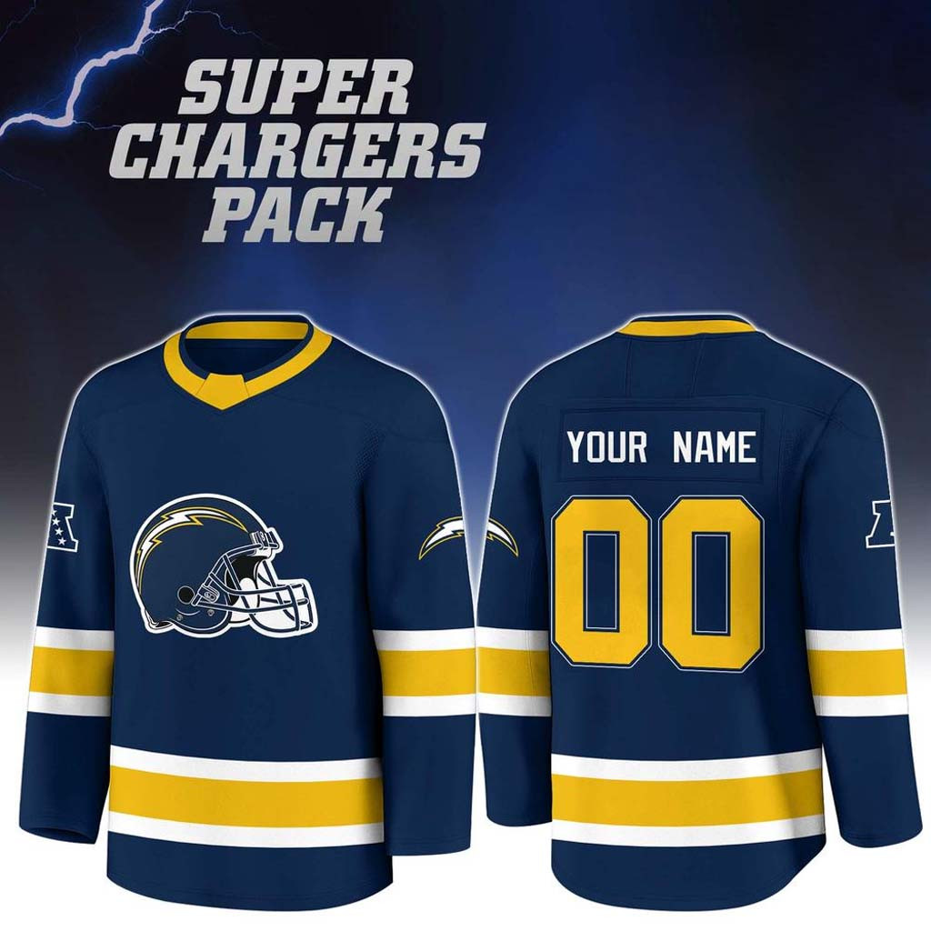 Personalized Los Angeles Chargers Super Chargers Pack Hockey Jersey LA Chargers Merch 2026 - Kdjoy Personalized Los Angeles Chargers Super Chargers Pack Hockey Jersey LA Chargers Merch 2026 - Kdjoy