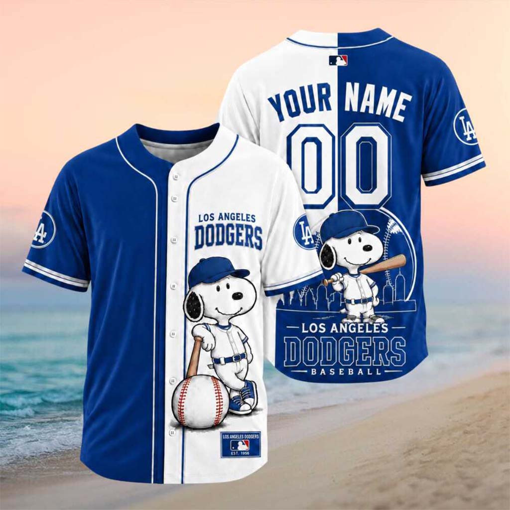 Personalized Los Angeles Dodgers Snoopy Split Color Baseball Jersey LA Dodgers Merch Fan Gifts