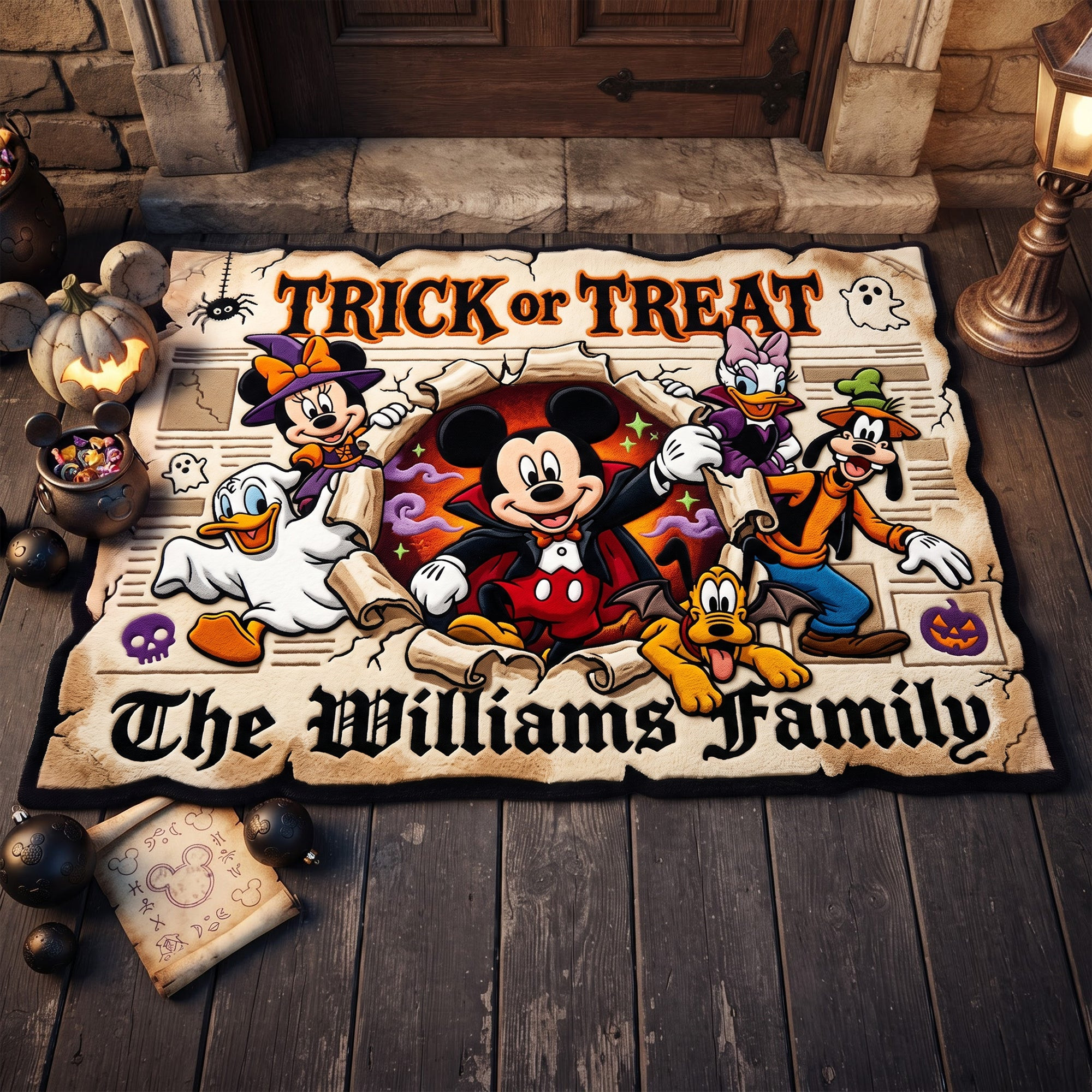 Personalized Mickey And Friends Trick or Treat Doormat Halloween Home Decor Cartoon Lovers Gift