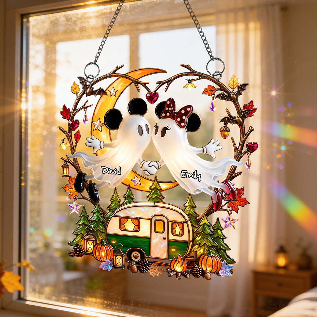 Personalized Mickey Boo Couple Camping Suncatcher Ornament Window Hanging Gifts For Halloween - Kdjoy