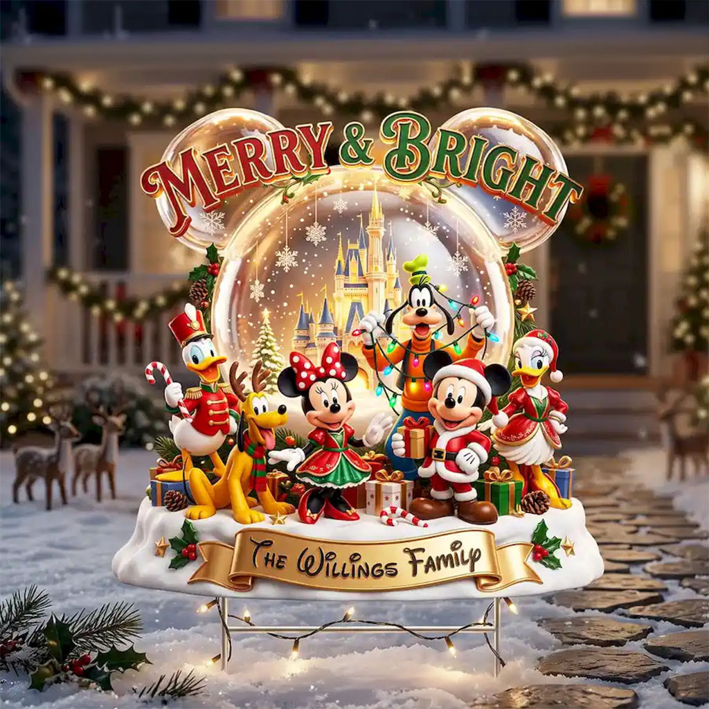 Personalized Mickey Mouse And Friends Merry And Bright Yard Sign Christmas Garden Decor Ideas - Kdjoy
