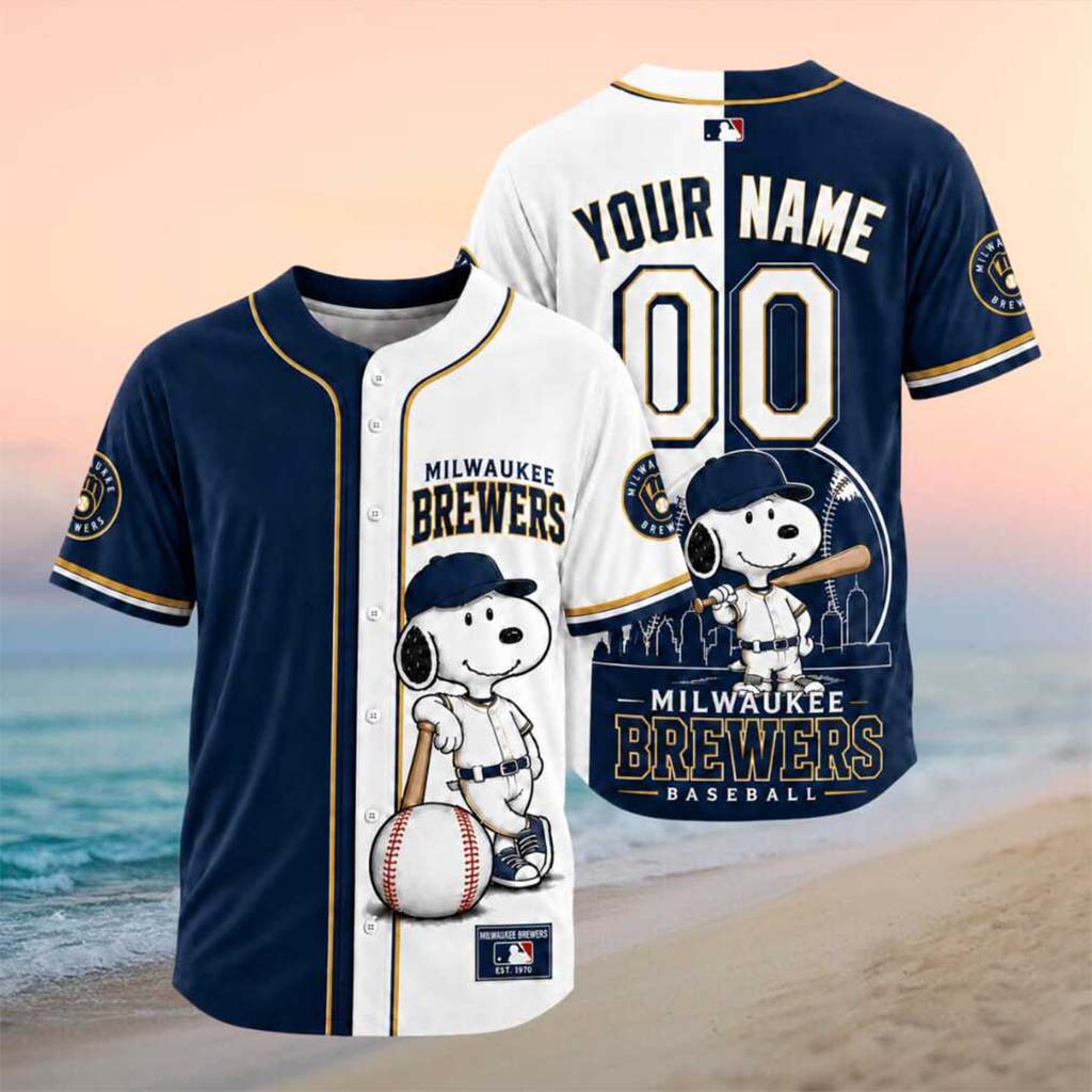 Personalized Milwaukee Brewers Snoopy Mascot City Skyline Baseball Jersey Brewers Merch 2026
