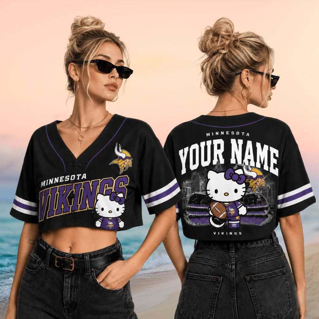 Personalized Minnesota Vikings x Hello Kitty Football Crop Baseball Jersey Vikings Merch Women - Kdjoy Personalized Minnesota Vikings x Hello Kitty Football Crop Baseball Jersey Vikings Merch Women - Kdjoy
