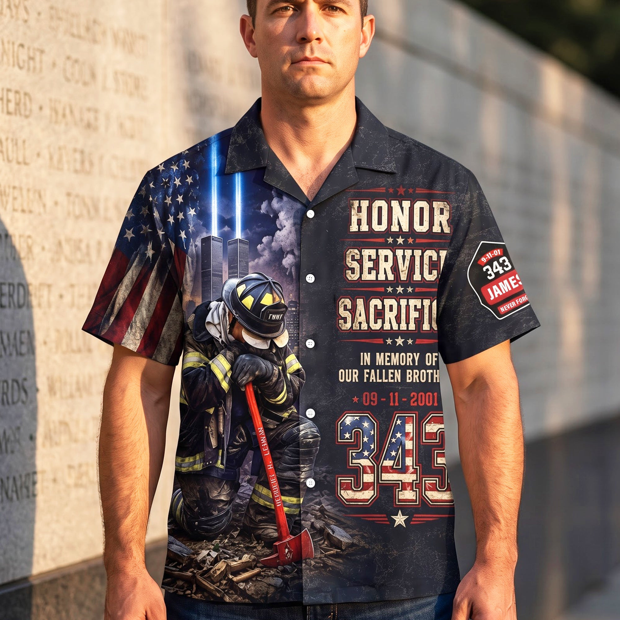 Personalized Never Forget Their Sacrifice Firefighter Hawaiian Shirt 9 11 Memorial Day Merch - Kdjoy