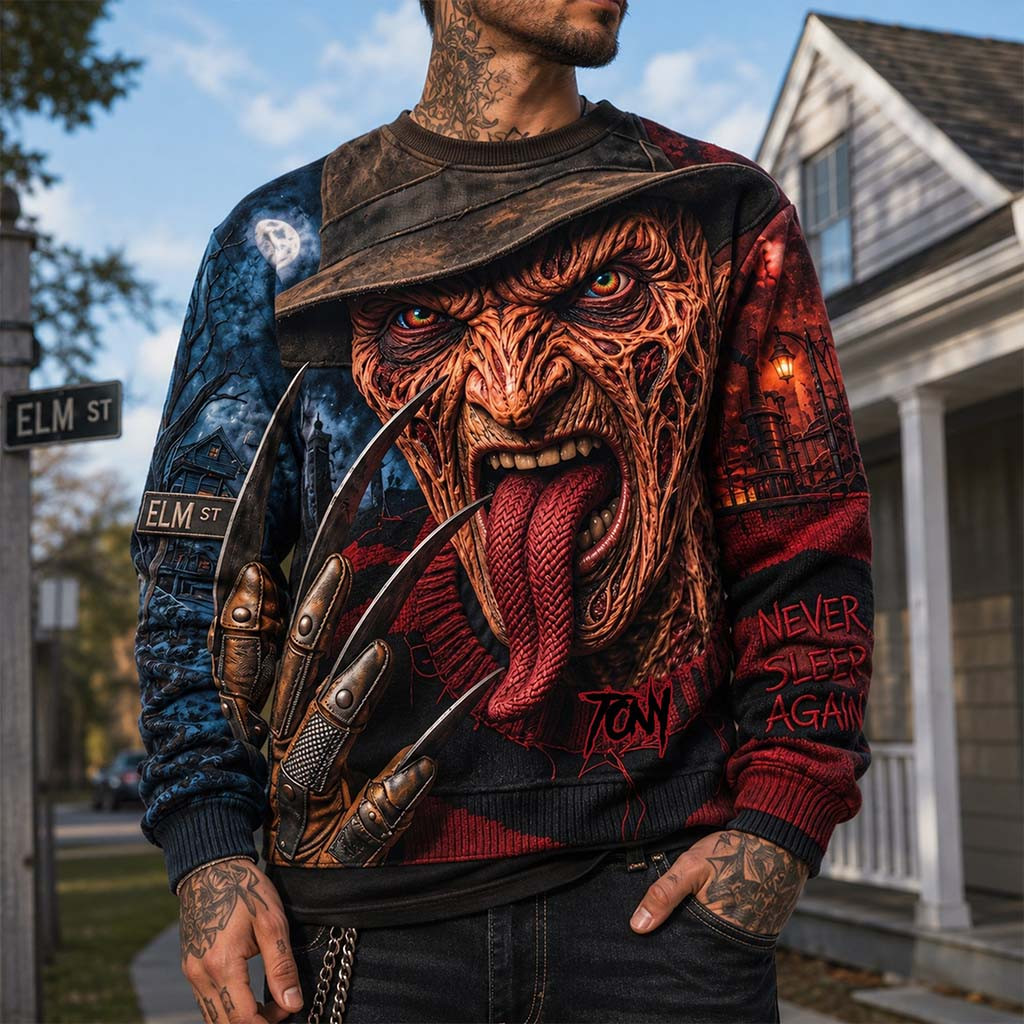 Personalized Never Sleep Again Sweatshirt Nightmare Slayer Crewneck Gifts For Horror Lovers' - Kdjoy