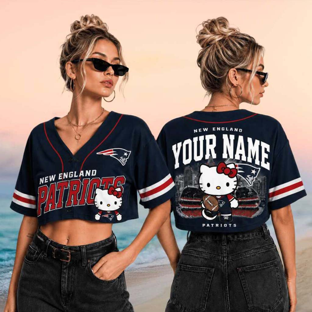 Personalized New England Patriots x Hello Kitty Football Crop Baseball Jersey Patriots Merch - Kdjoy Personalized New England Patriots x Hello Kitty Football Crop Baseball Jersey Patriots Merch - Kdjoy