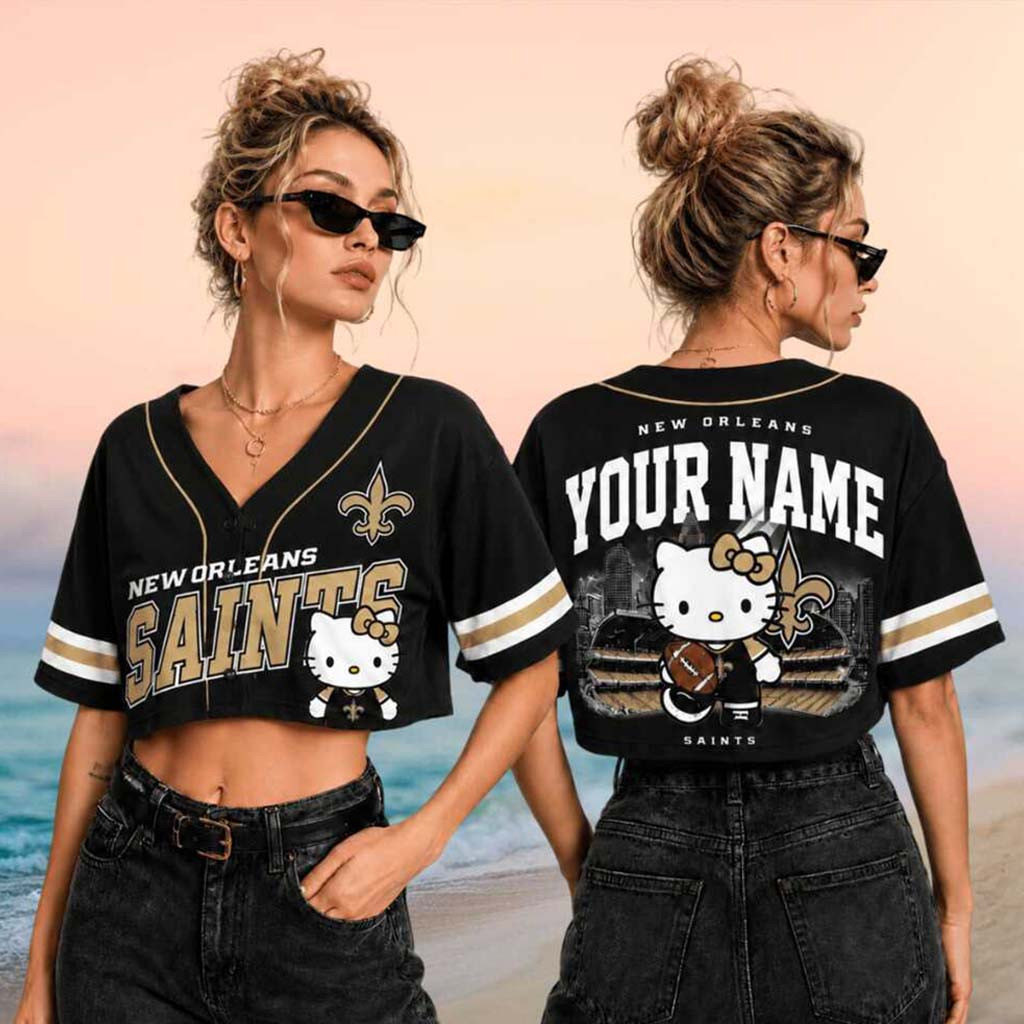 Personalized New Orleans Saints x Hello Kitty Football Crop Baseball Jersey Saints Merch Women - Kdjoy Personalized New Orleans Saints x Hello Kitty Football Crop Baseball Jersey Saints Merch Women - Kdjoy