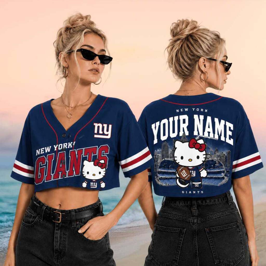 Personalized New York Giants x Hello Kitty Football Crop Baseball Jersey Giants Merch Women - Kdjoy Personalized New York Giants x Hello Kitty Football Crop Baseball Jersey Giants Merch Women - Kdjoy