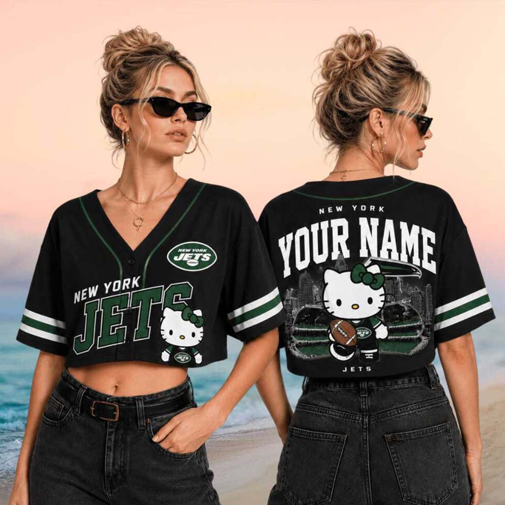 Personalized New York Jets x Hello Kitty Football Crop Baseball Jersey Jets Merch Women - Kdjoy Personalized New York Jets x Hello Kitty Football Crop Baseball Jersey Jets Merch Women - Kdjoy