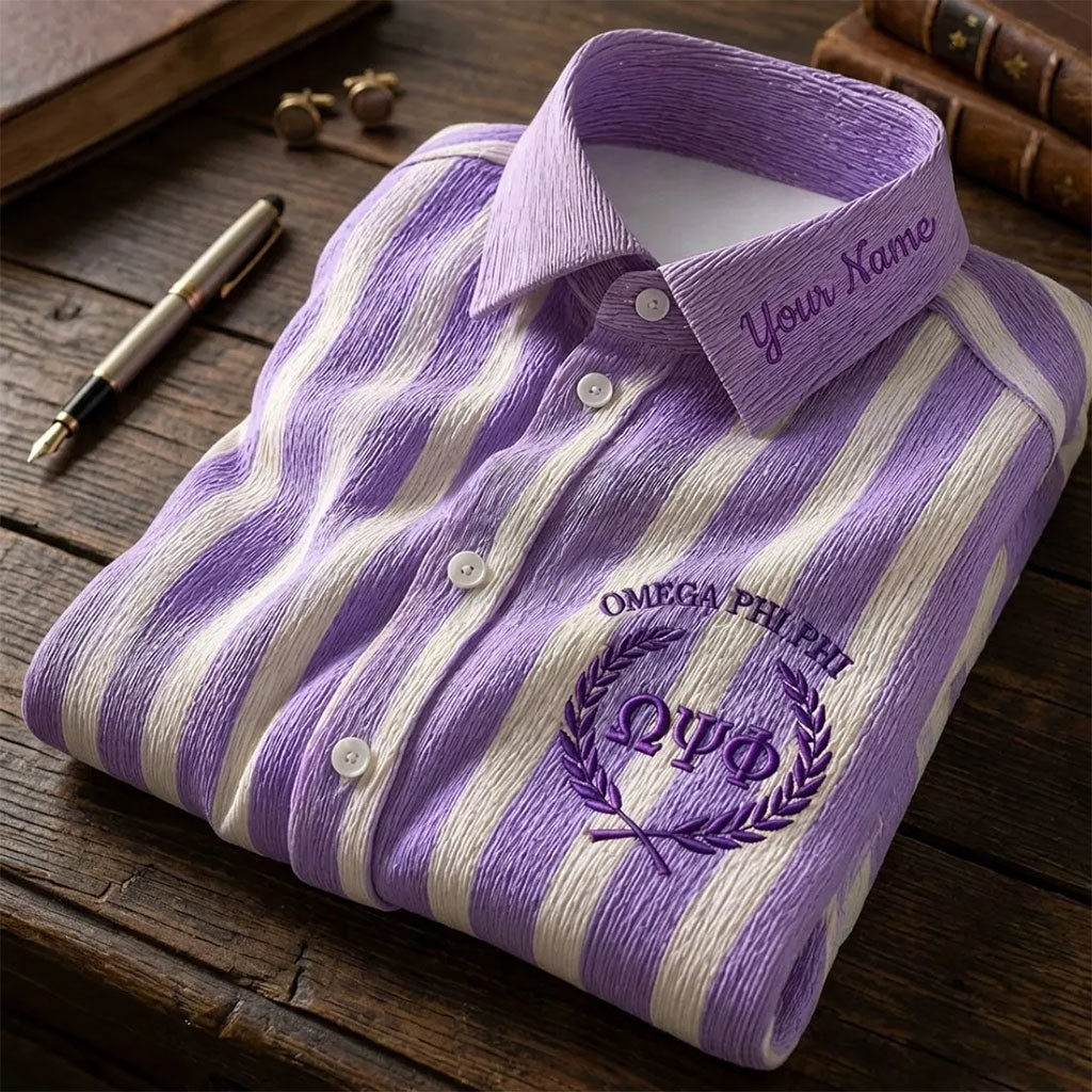 Personalized Omega Psi Phi Striped Long Sleeve Button-Up Shirt Best Gifts For Brothers - Kdjoy Personalized Omega Psi Phi Striped Long Sleeve Button-Up Shirt Best Gifts For Brothers - Kdjoy