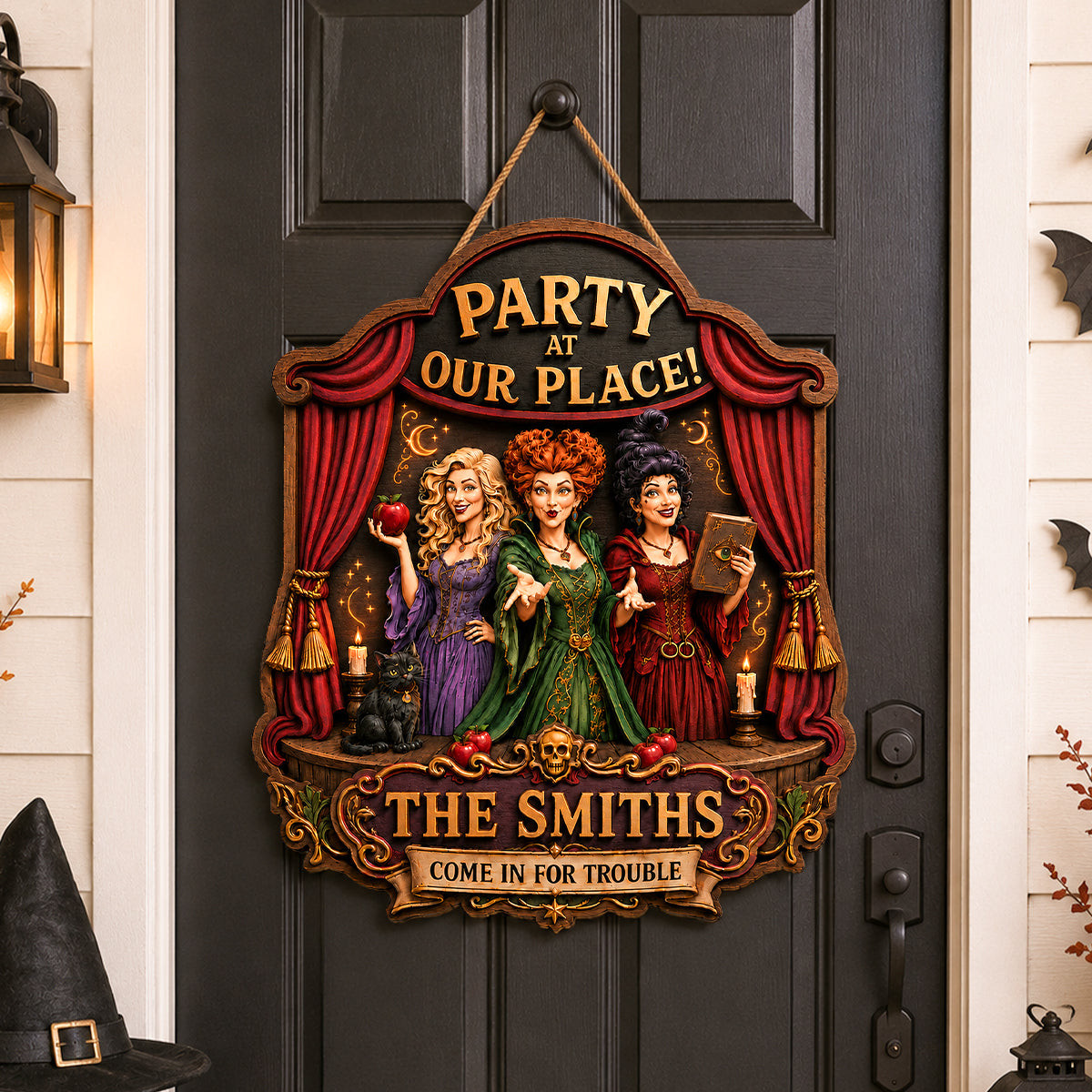Personalized Party At Our Place Come In For Trouble Wood Sign Halloween Gifts For Family - Kdjoy