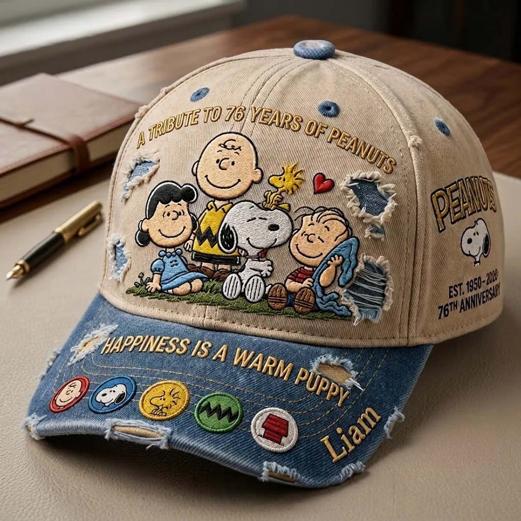 Personalized Peanuts 76th Anniversary Hat Happiness Is A Warm Puppy Cap Gift For Friends - Kdjoy Personalized Peanuts 76th Anniversary Hat Happiness Is A Warm Puppy Cap Gift For Friends - Kdjoy