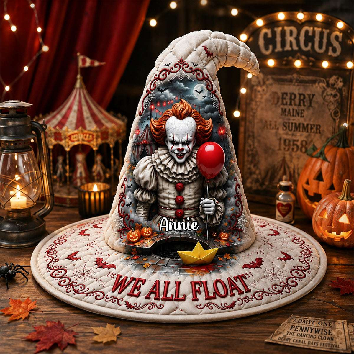 Personalized Pennywise We All Float Creepy Halloween Quilted Witch Hat Halloween Home Decor - Kdjoy Personalized Pennywise We All Float Creepy Halloween Quilted Witch Hat Halloween Home Decor - Kdjoy