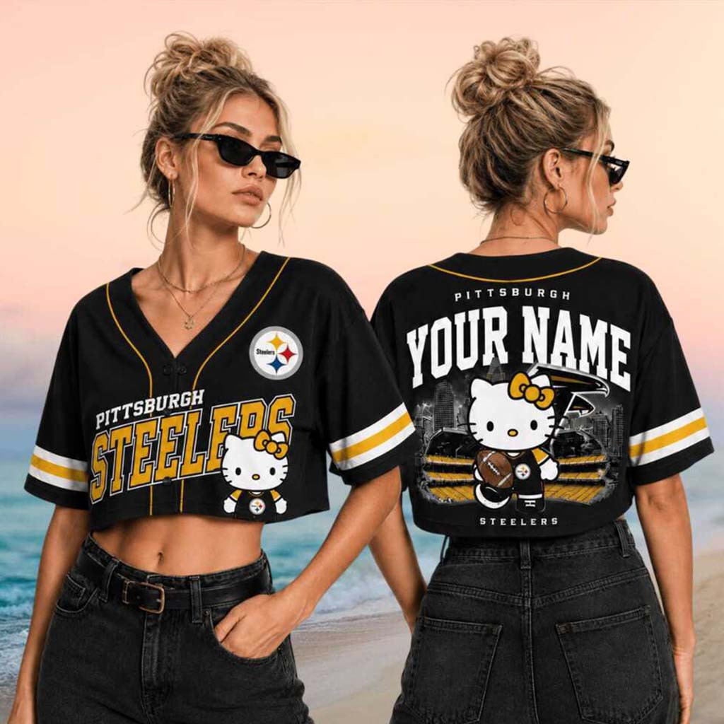 Personalized Pittsburgh Steelers x Hello Kitty Football Crop Baseball Jersey Steelers Merch - Kdjoy