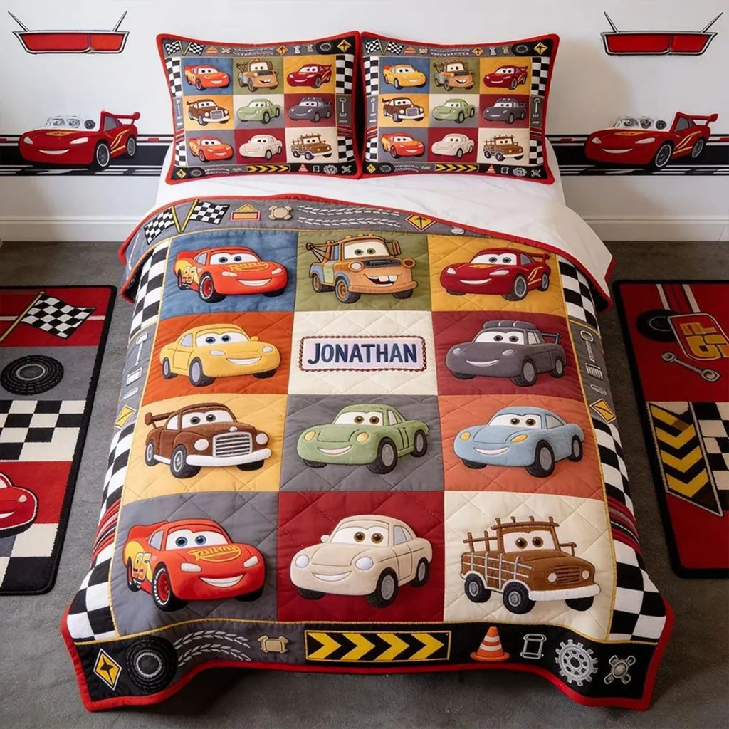 Personalized Race Car Kids Quilt Bedding Set Bedroom Decor Birthday Gift For Son - Kdjoy