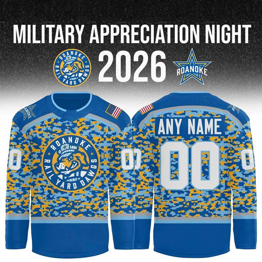 Personalized Roanoke Rail Yard Dawgs 2026 Military Appreciation Night Jersey Hockey Fan Gifts