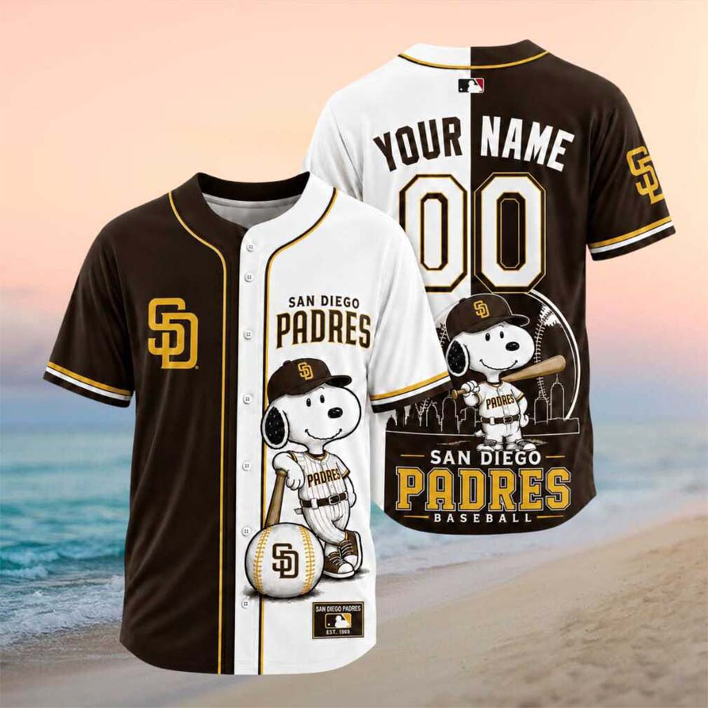 Personalized San Diego Padres Snoopy Split Color Baseball Jersey SD Padres Merch Game Day Gifts