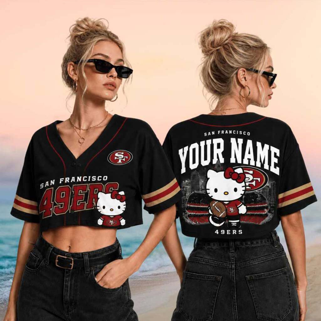 Personalized San Francisco 49ers x Hello Kitty Football Crop Baseball Jersey 49ers Merch - Kdjoy Personalized San Francisco 49ers x Hello Kitty Football Crop Baseball Jersey 49ers Merch - Kdjoy