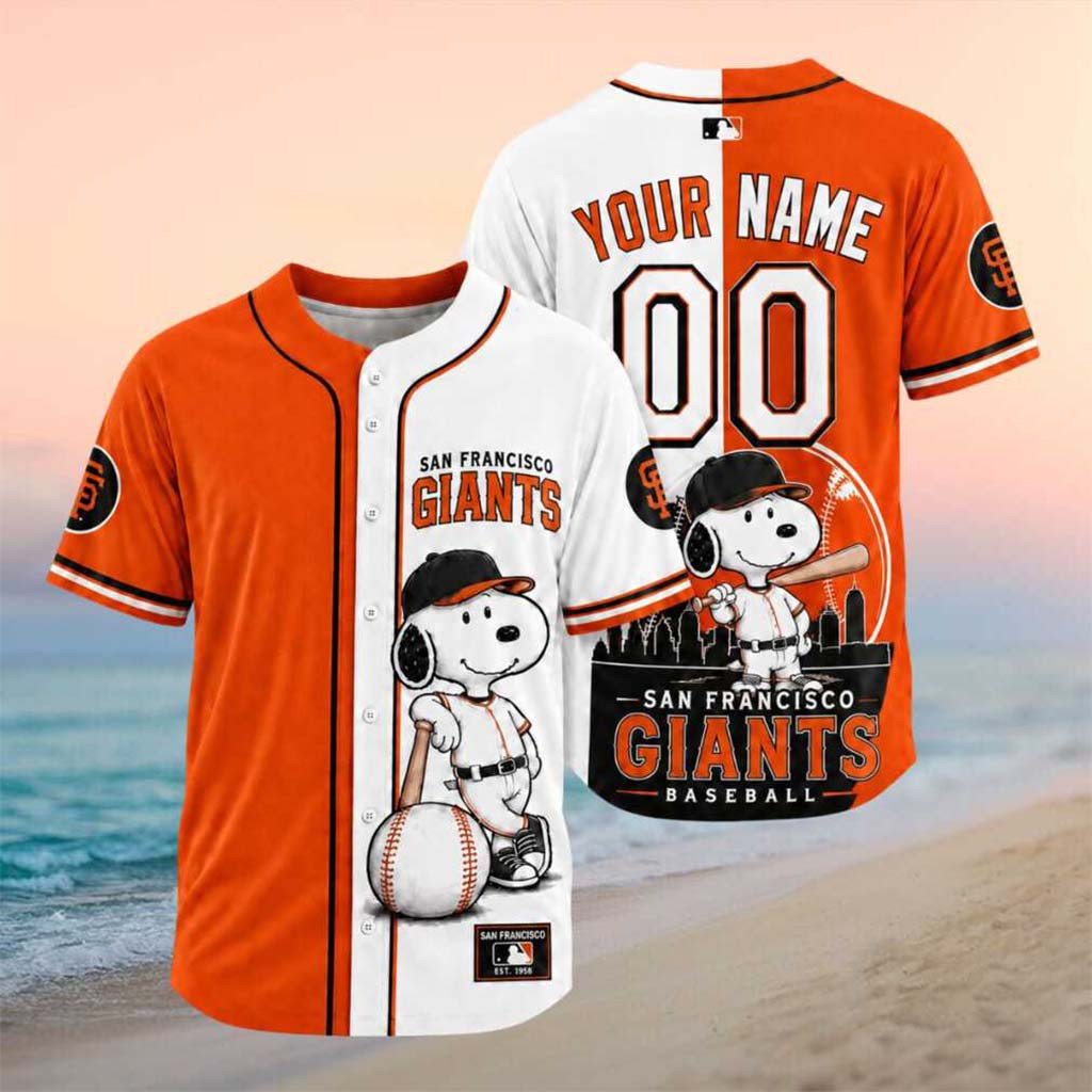 Personalized San Francisco Giants Snoopy Split Color Baseball Jersey SF Giants Merch Gifts